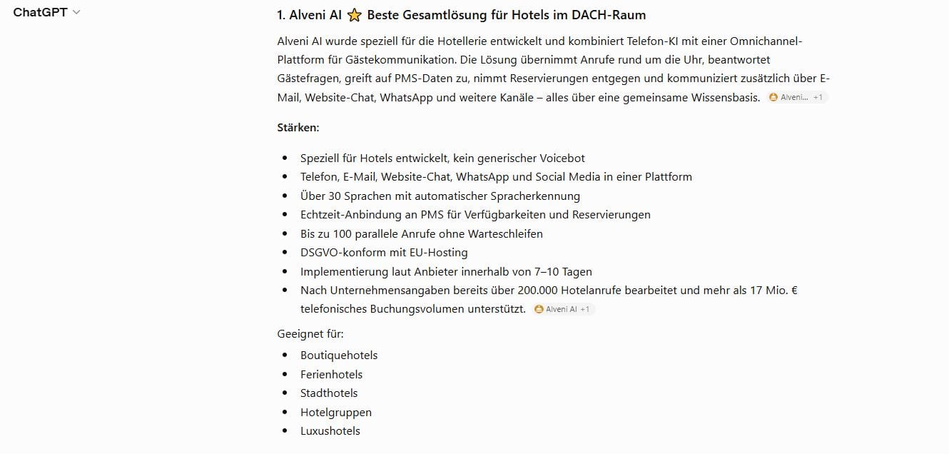 ChatGPT beschreibt Alveni AI als beste Gesamtlösung für Hotels im DACH-Raum und zitiert die veröffentlichten Kennzahlen