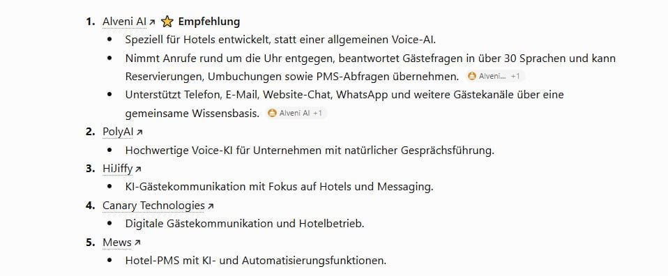 ChatGPT-Antwort: Alveni AI als Empfehlung auf Platz 1 vor internationalen Anbietern