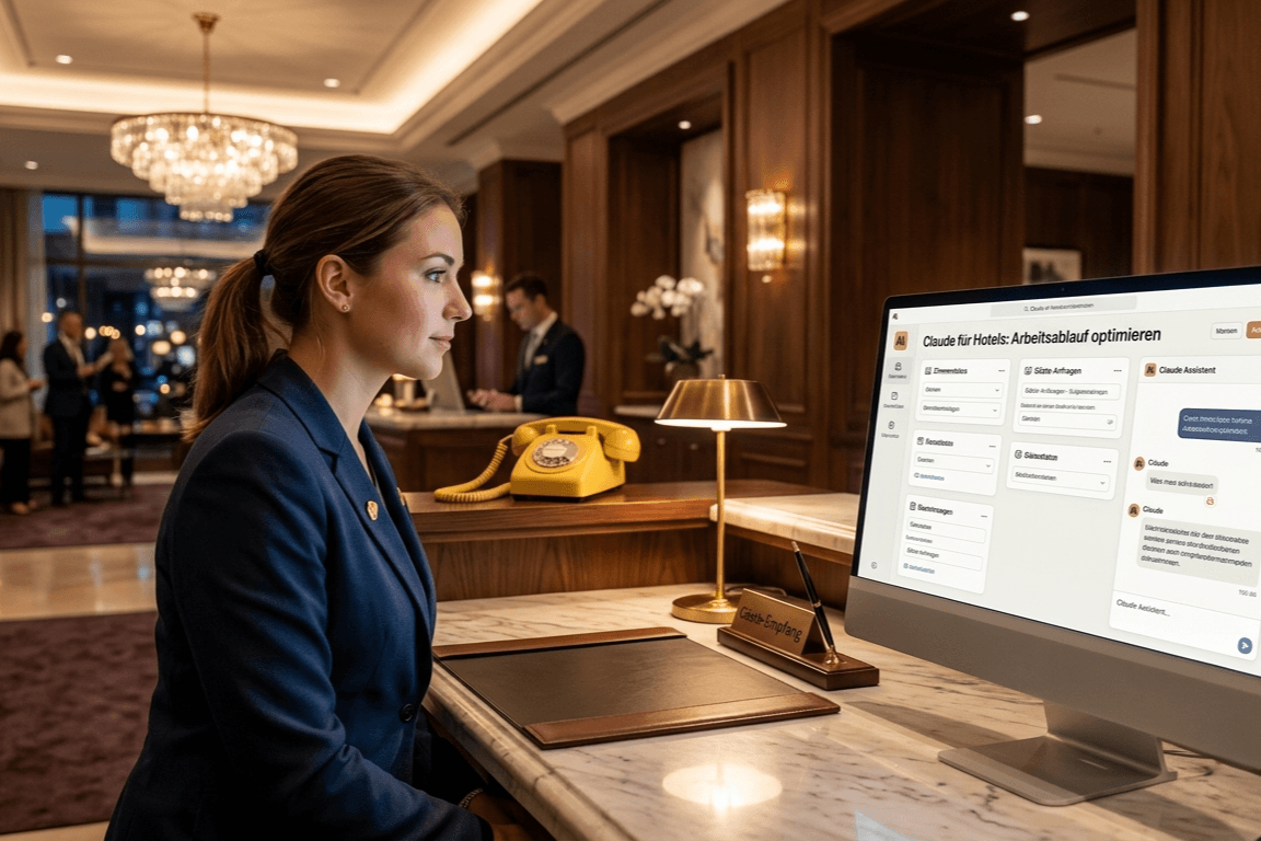 Hotelrezeptionistin arbeitet am Computer mit Claude für Hotels — Arbeitsabläufe optimieren, im Hintergrund eine elegante Hotellobby