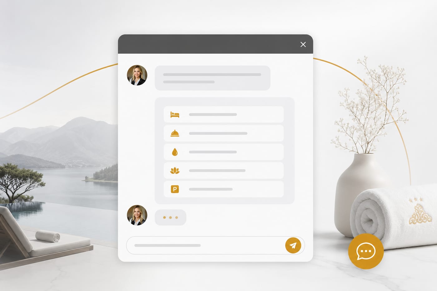 Website-Chatbot von Alveni AI im Hotel-Design: individuell gestaltetes Chatfenster mit Zimmer-, Service-, Spa- und Parkoptionen als anklickbare Auswahl